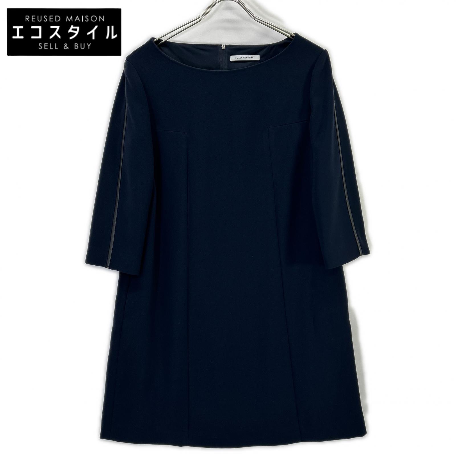 ✨新品級✨ FOXEY NEW YORK ワンピース 40 フォーマル ネイビー FOXEY NEW YORK フォクシーニューヨーク ネイビー 長袖 ワンピース
