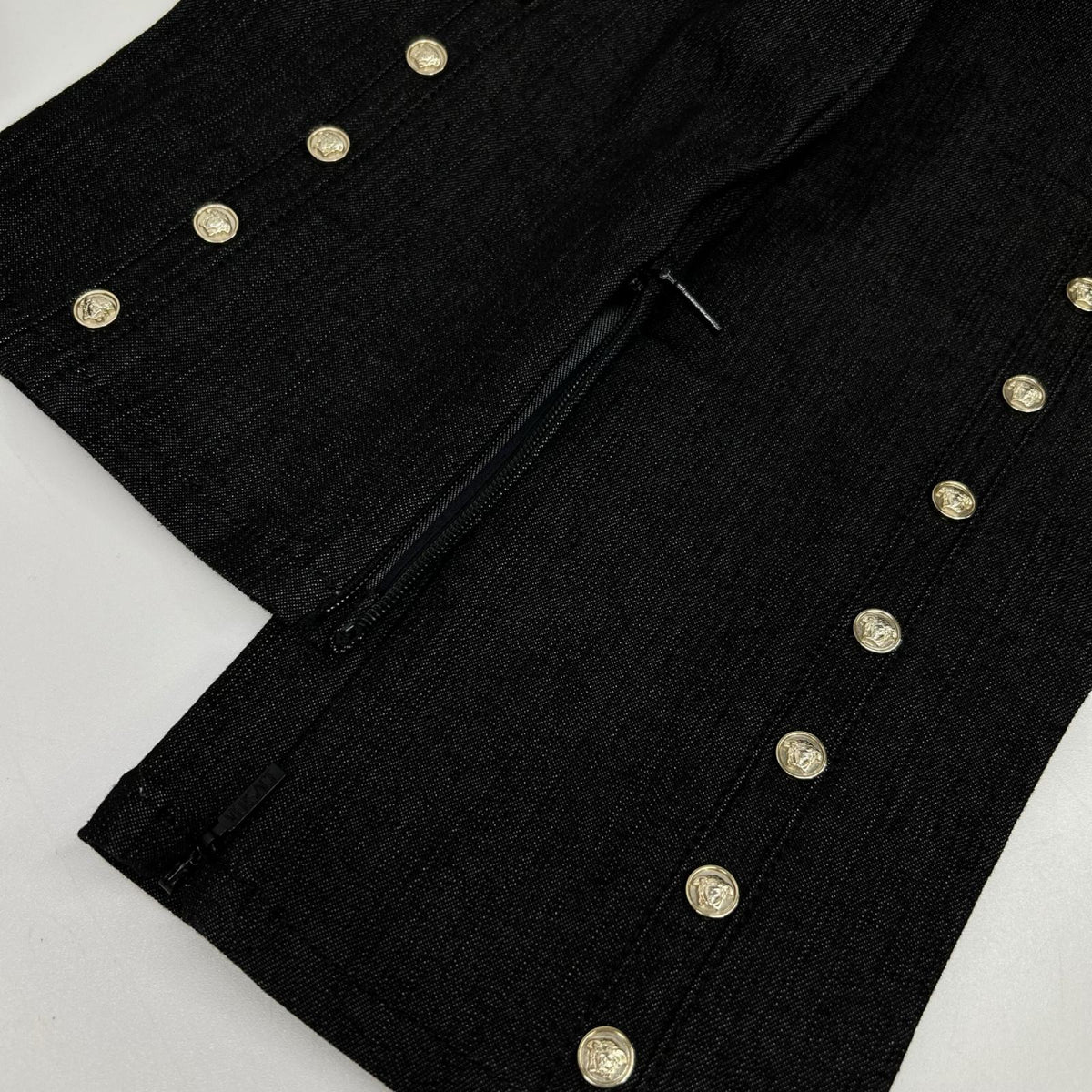 GIANNIVERSACE Charcoal Denim with Gold Medusa-Button Stripe Bottoms