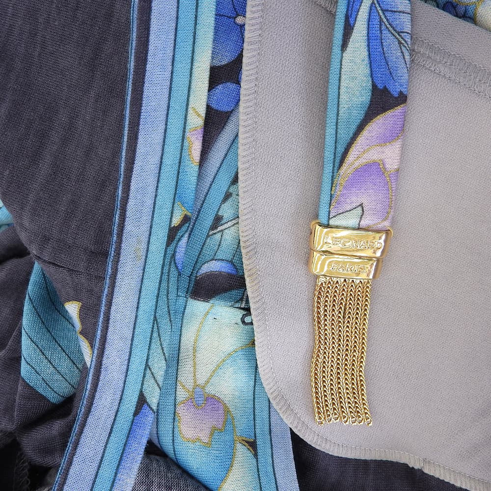 LEONARD レオナール フラワープリント ベルト付き ワンピース レディース ブラック×ブルー L 0380105 ワンピース L