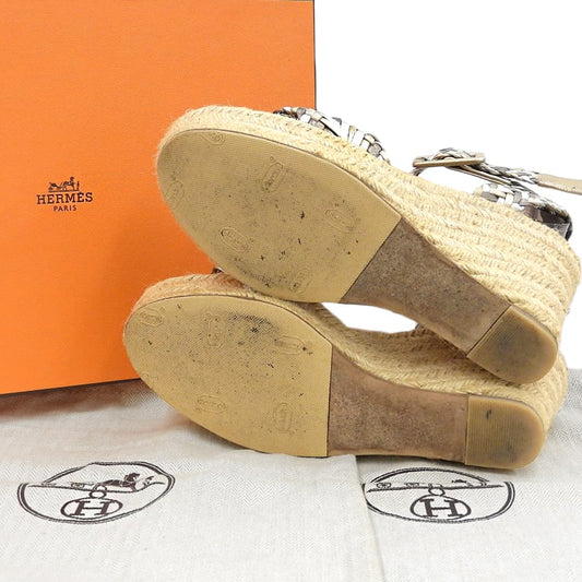 HERMES エルメス イネス エスパドリーユ ウェッジソール編み込み サンダル レディース シルバー×ゴールド系×ブラウン 36 シューズ