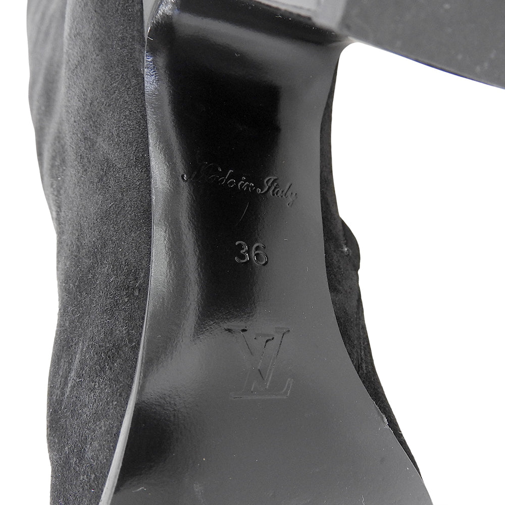 LOUIS VUITTON ルイヴィトン 美品 スウェード LVドナライン チャンキー ヒールブーツ シューズ レディース ブラック 36 LW2403 シューズ 36
