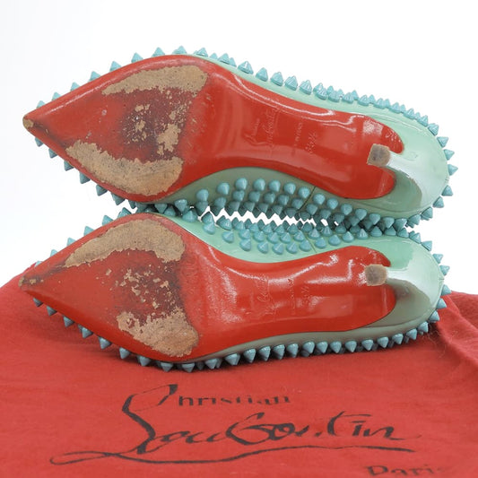 Christian Louboutin Studded Pointed-Toe Heel Pumps Women's Turquoise Blue 35 1/2 Shoes