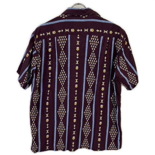DK37251 Purple Border Pattern Rayon Aloha Shirt Top M Men's