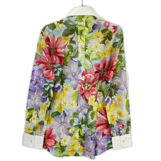 DOLCE&GABBANA ドルチェアンドガッバーナ ライトブルー フラワー総柄 カラー切り替え L/Sシャツ トップス