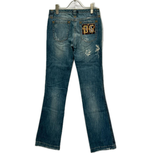 DOLCE&GABBANA ドルチェアンドガッバーナ F353TD ライトブルー レオパードロゴパッチ フレアダメージパンツ ボトムス