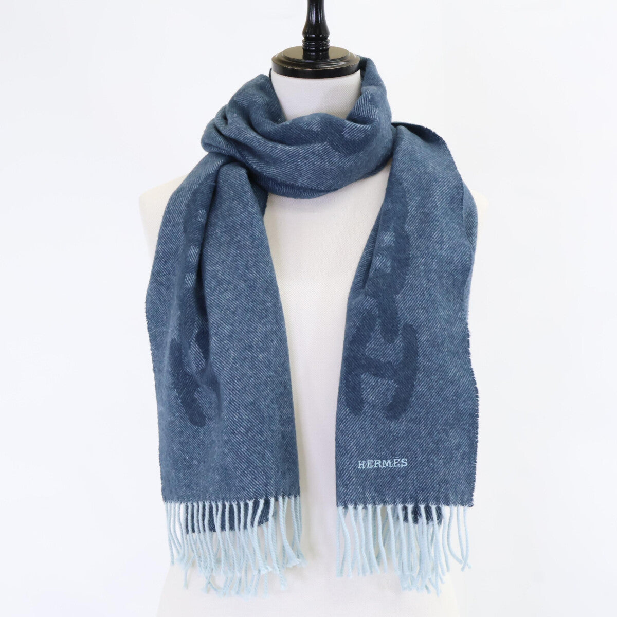 HERMES エルメス ロゴ刺繍 クレイジーチェーン カシミヤ フリンジ マフラー