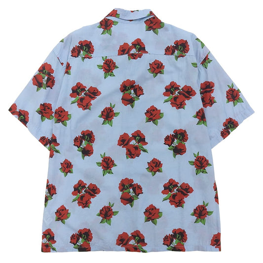 Rose Print Open Collar Hawaiian Shirt Light Blue 3 Tops 36 Men's