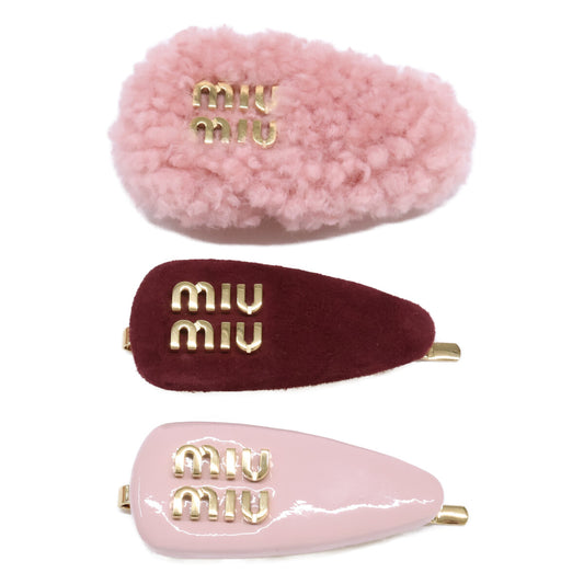 MIUMIU ミュウミュウ アラバスターピンク 5IF188 レザーxスエードxシアリング ヘアクリップ セット ヘアアクセサリー -
