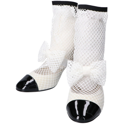 CHANEL シャネル 美品 23SS リボン パールココマーク パテントレザーxメッシュ ショートブーツ シューズ 35 1/2