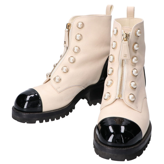 CHANEL シャネル G45183 パール ココマーク パテントxレザー ショートブーツ シューズ 36C