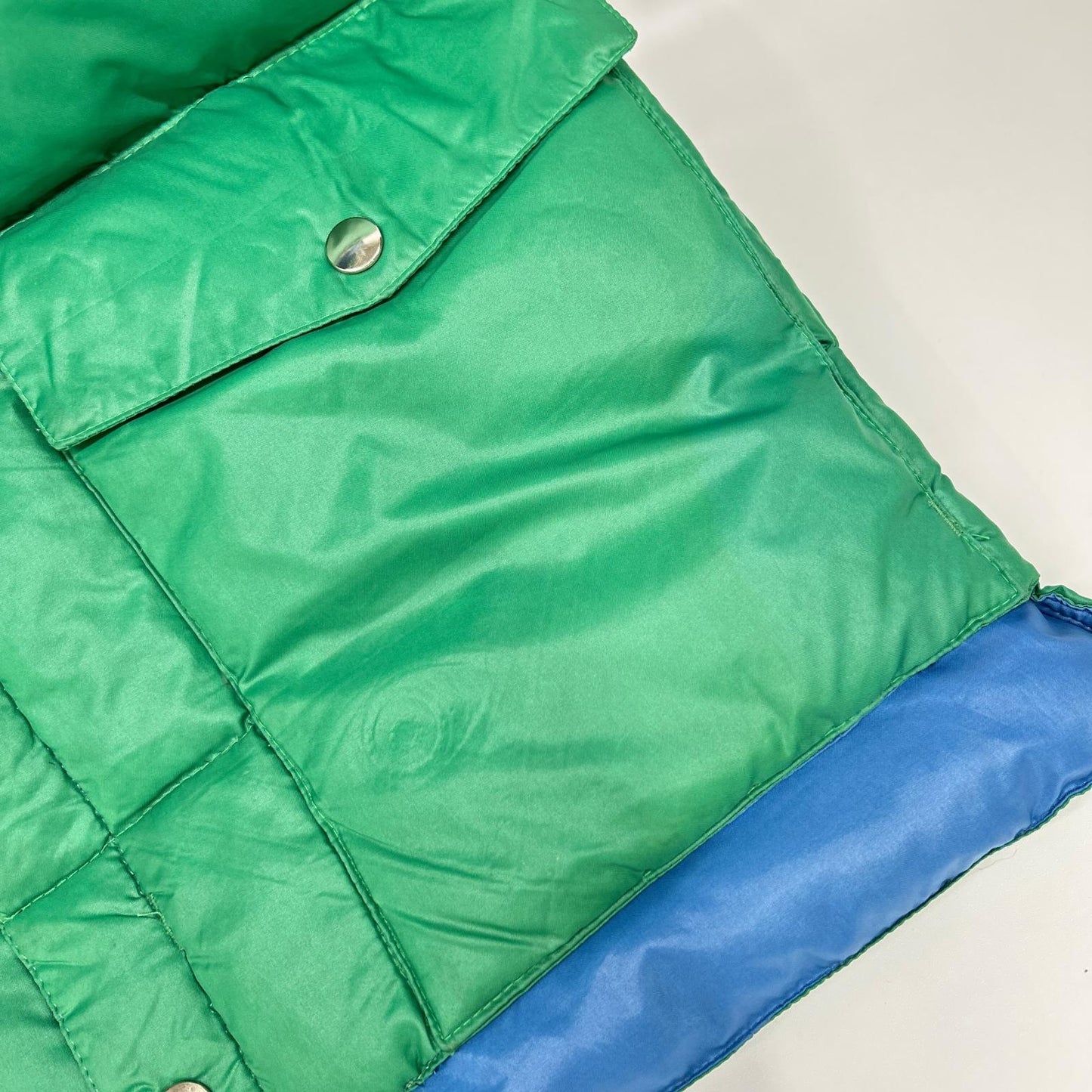 Green × Blue Remade Down Vest with Brown Reverse-Side Belt Vest
