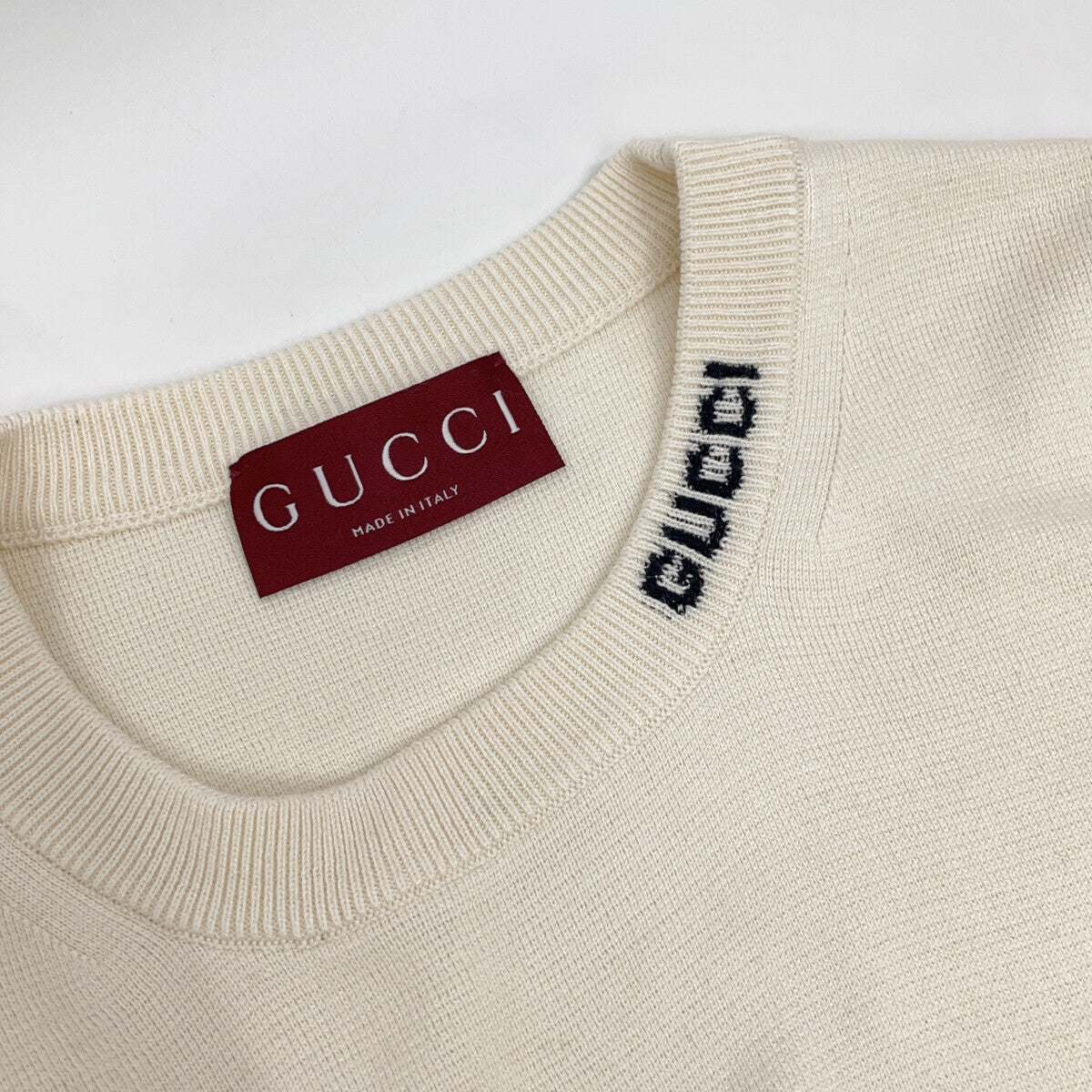 GUCCI 24AW 787736 Ivory Silk Blend Short Sleeve Knit Top