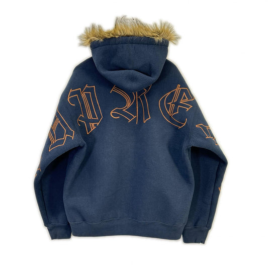 25FW Navy Faux Fur Zip Up Hooded Sweatshirt Top L Men's