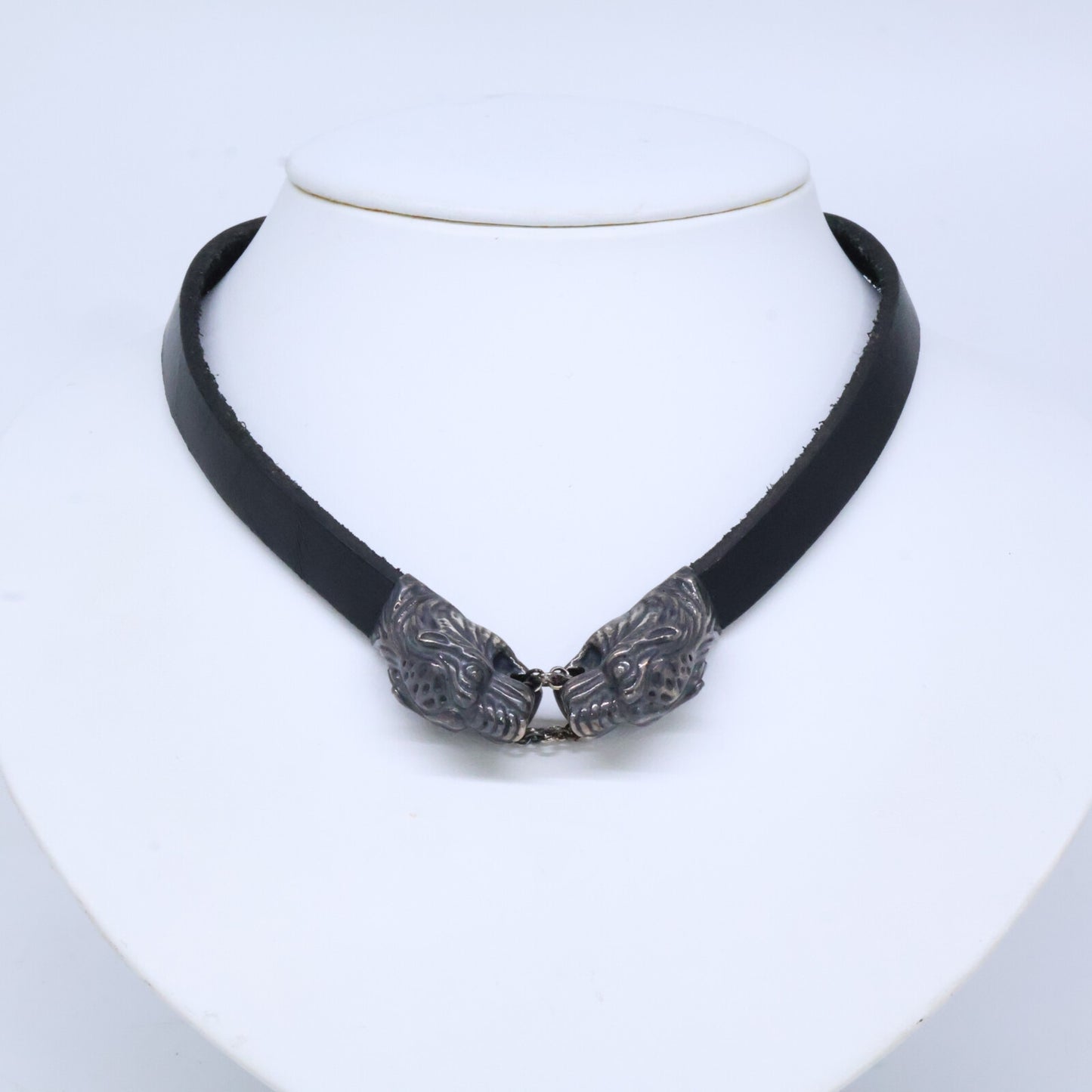 GUCCI グッチ Ag925 ダブル タイガーヘッド レザー チョーカー