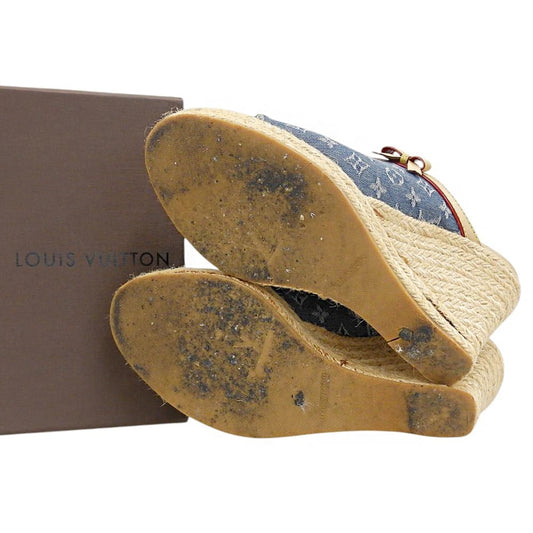 LOUIS VUITTON ルイヴィトン モノグラム デニム エスパドリーユ ヒール シューズ レディース ブルー 37 1/2 05年 シューズ