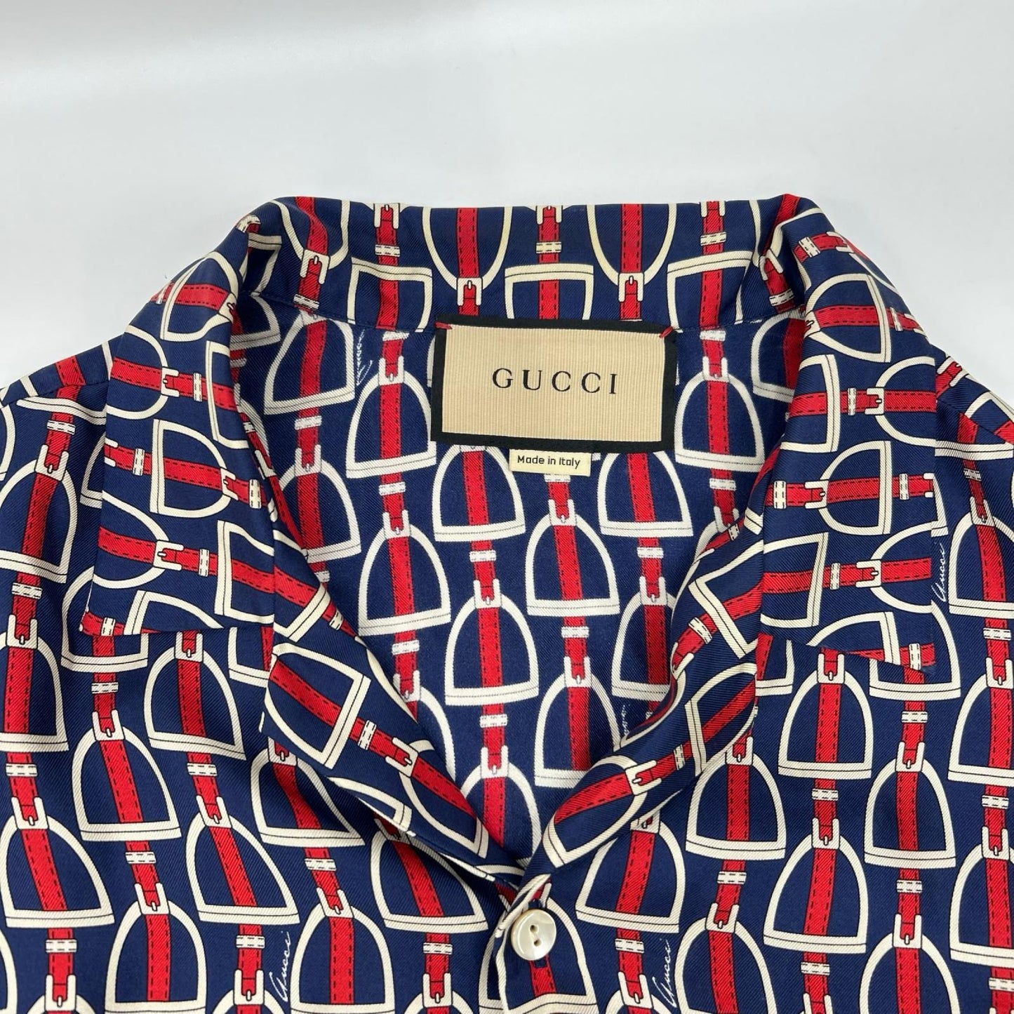 GUCCI グッチ 770426 ZAPD2 ネイビー×レッド シルク ホースビット 総柄 ロングスリーブシャツ トップス