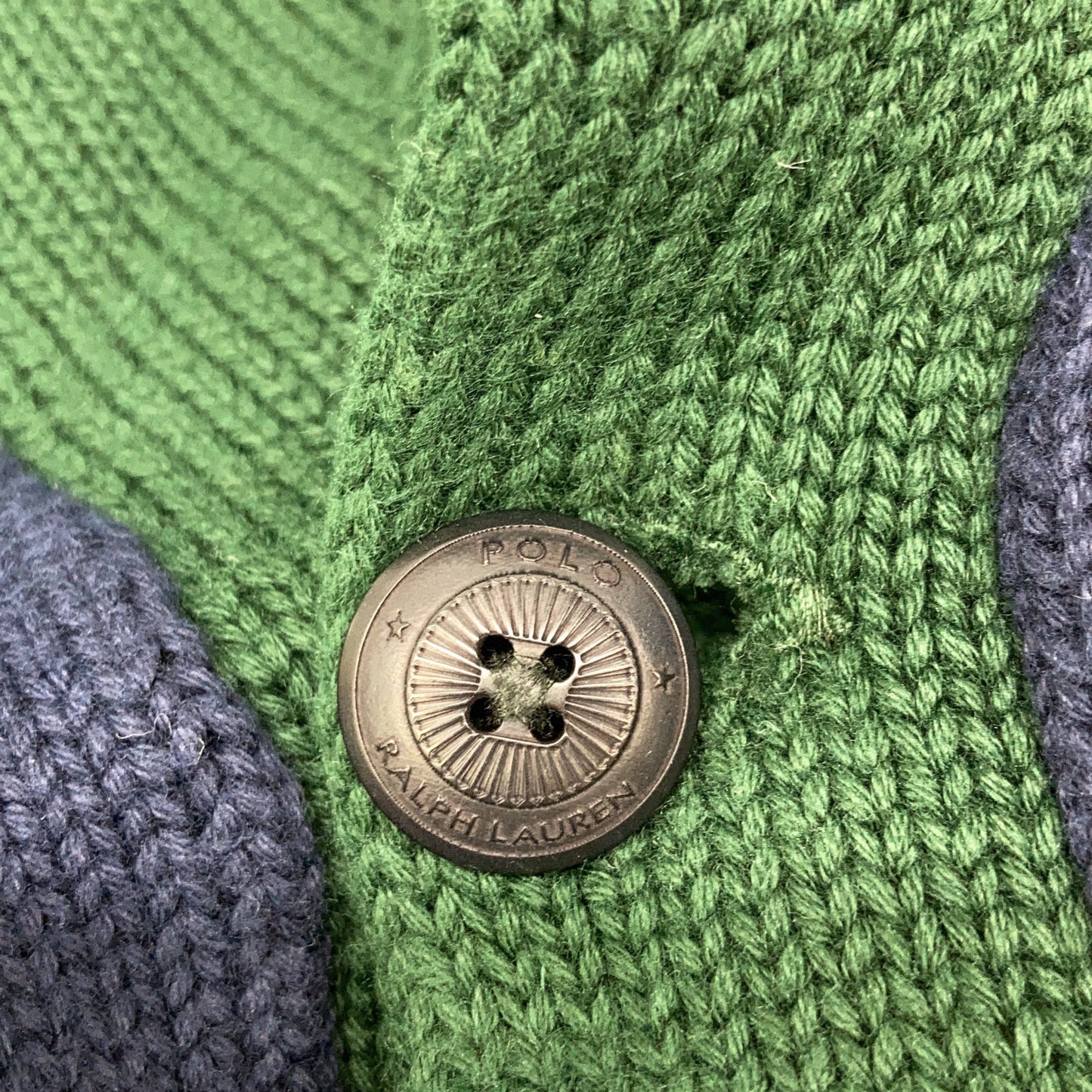 POLO RALPH LAUREN ポロ ラルフローレン ネイビー×グリーン コットン レタード ニットカーディガン トップス XXL