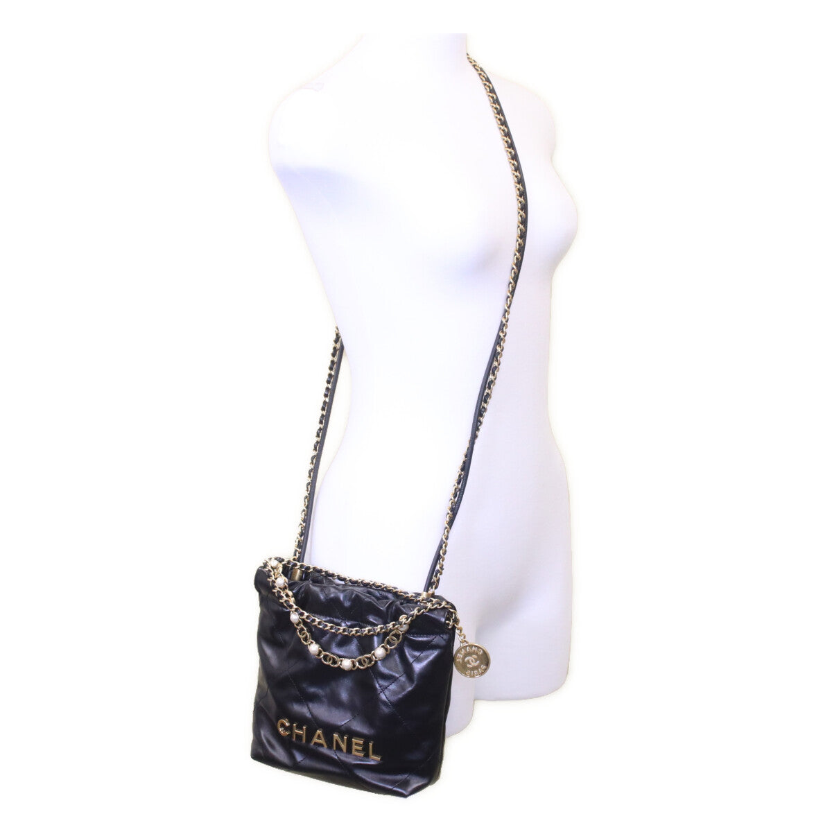 CHANEL シャネル 24A AS3980 黒 シャイニーカーフ シャネル22ミニ パールチェーン ショルダーバッグ ショルダーバッグ