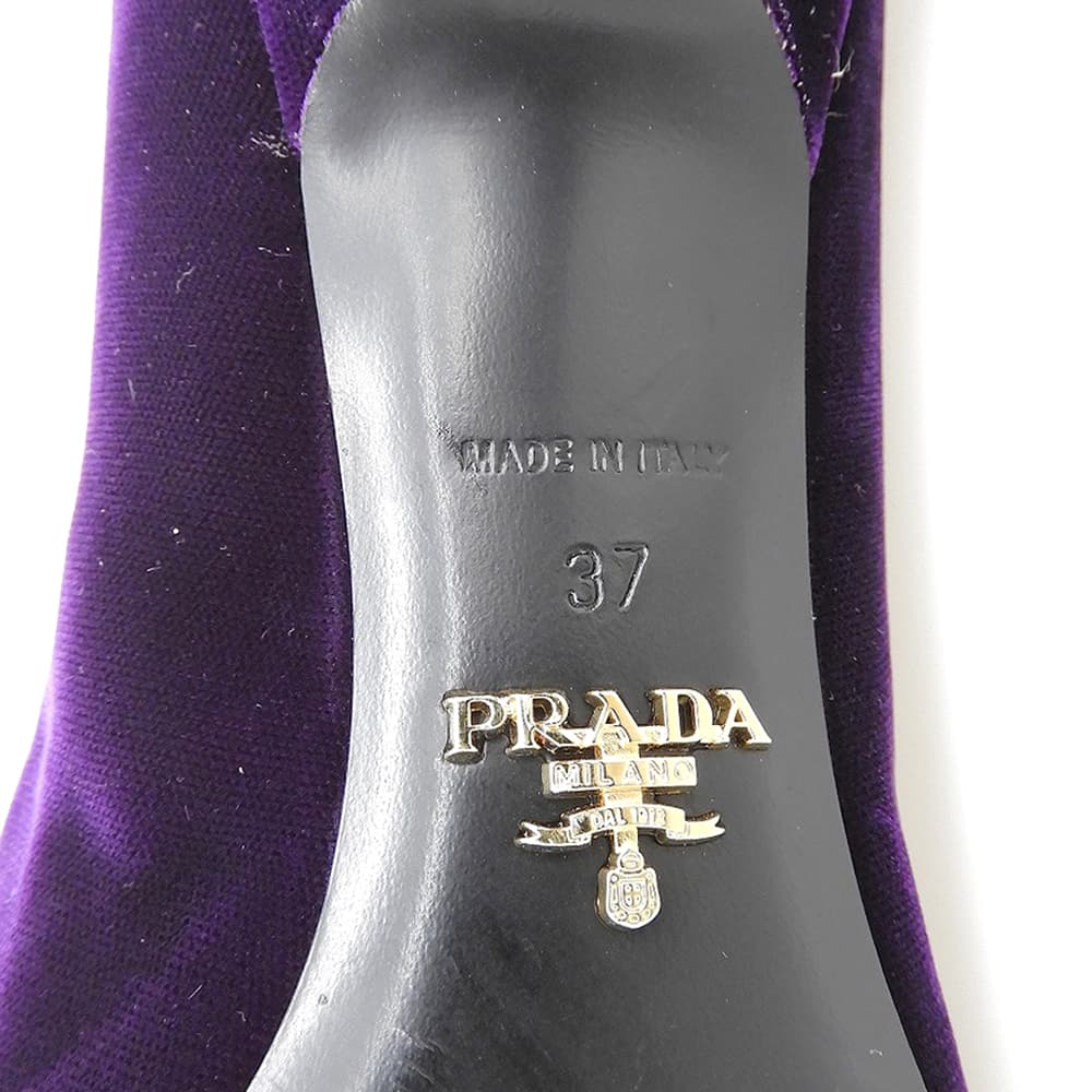 PRADA プラダ 美品 ベルベット クリスタルビジュー バックル ミュール パンプス レディース パープル 37 シューズ