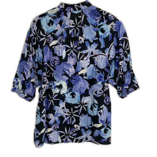 J&MDavidson ジェイアンドエムデヴィッドソン パープル×ブラック フローラルプリントレーヨンノーカラー半袖シャツ トップス