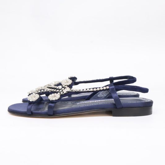 MANOLO BLAHNIK マノロブラニク 【美品】ビジュー サテン スリングバック フラット サンダル シューズ
