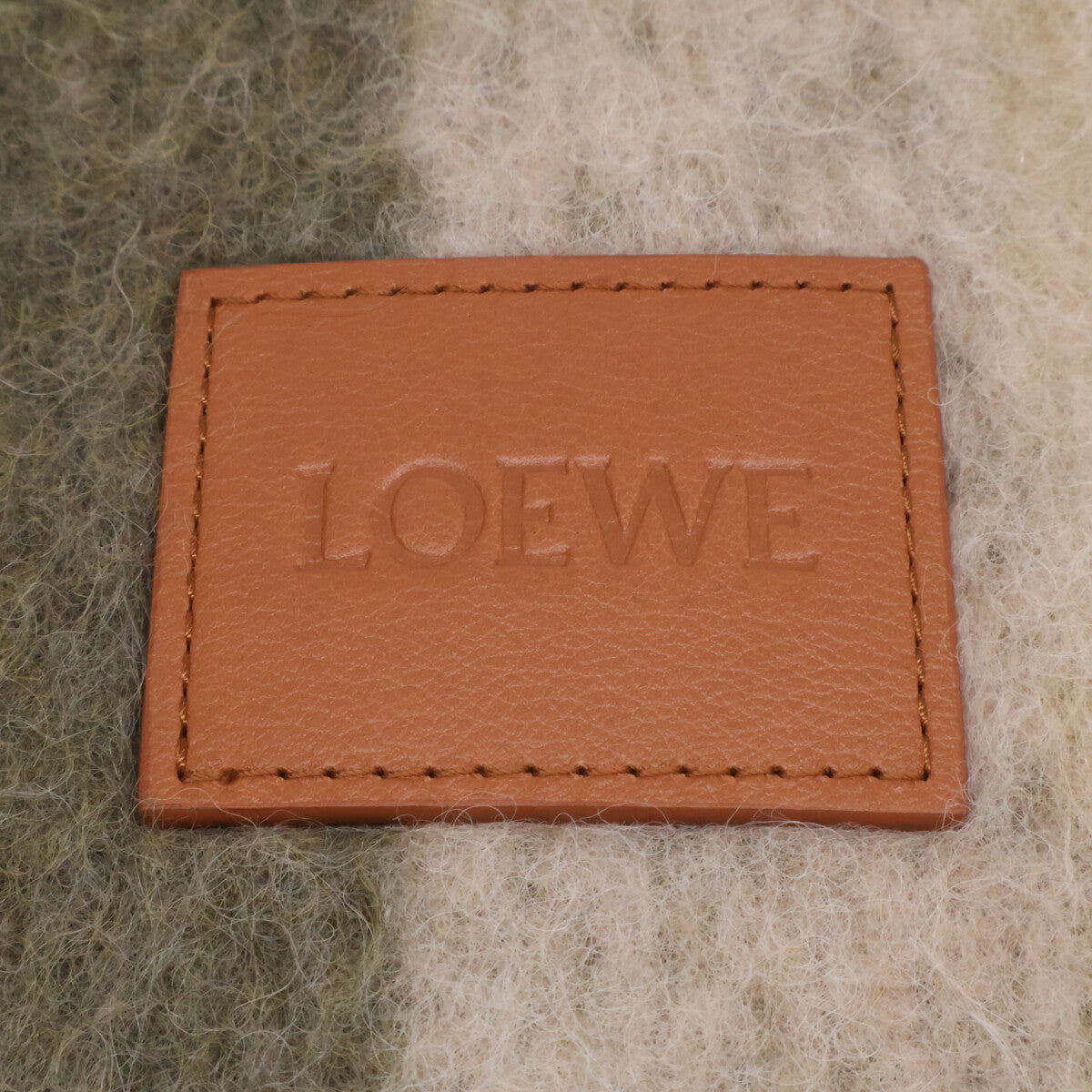 LOEWE ロエベ 【美品】ストライプ レザーロゴパッチ アルパカ混 フリンジ マフラー