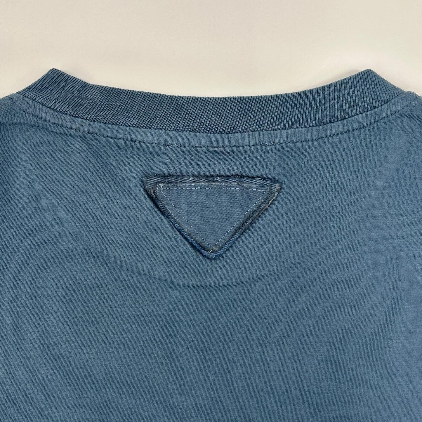 PRADA Prada UJM572 Blue Triangle Logo Crew-Neck T-Shirt Tops