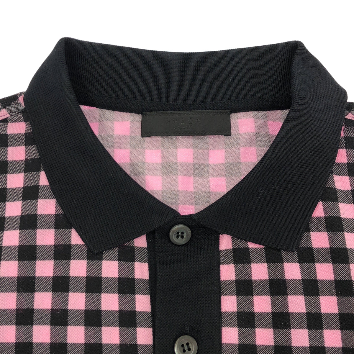 PRADA プラダ UJM730 Pink Gingham Check Triangle Logo Polo Shirt Tops