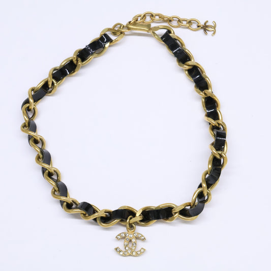 CHANEL Gold/Black Patent Tape 95P Choker Necklace