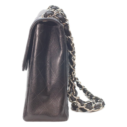 CHANEL A28600 Black Caviar Leather Silver Hardware Single Flap Maxi Jumbo Matelasse 30 Shoulder Bag