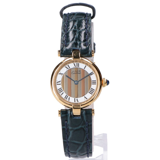 Cartier 80-90s Polished 925 Must Vendome Vermeil SM Center Trinity White Dial QZ Navy Leather Watch
