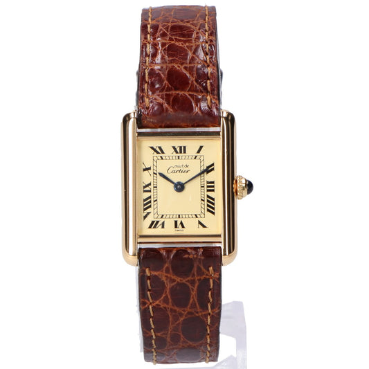 Cartier Must Tank Vermeil SM W1003153 925 Ivory Dial Roman Numerals Quartz Leather Watch (Finished)