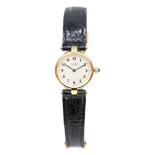 Cartier カルティエ 80-90s 925 マストヴァンドームヴェルメイユSM アラビアシルバー文字盤 QZ 黒革 腕時計