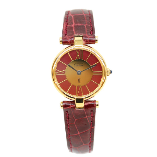Cartier カルティエ 80-90s 925 マストヴァンドームヴェルメイユSM ボルドーゴールドローマ文字盤 QZ 赤革 腕時計