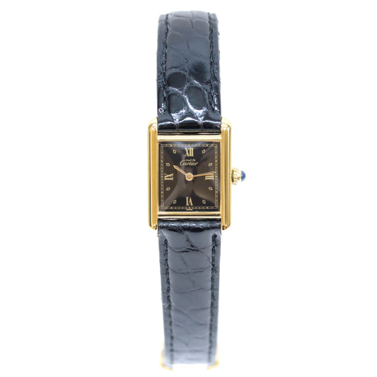 Cartier カルティエ 80-90s 925 マストタンクSM ヴェルメイユ 黒飛びローマ文字盤 革 QZ 腕時計
