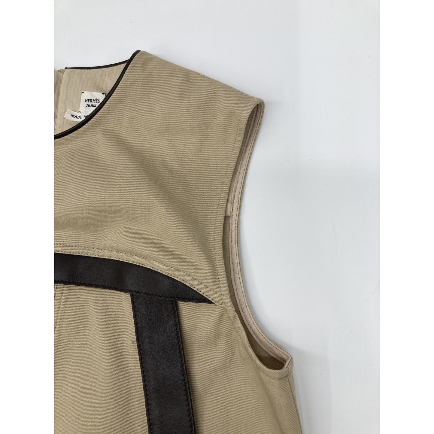 HERMES エルメス 【新品同様/国内正規】レザー/コットン切替 ベルト付 ノースリーブ ワンピース