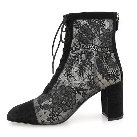 DIOR ディオール 美品 レース刺繍 バックジップ レースアップブーツ シューズ レディース 黒 ブラック 39 NAUGHTILY-D シューズ