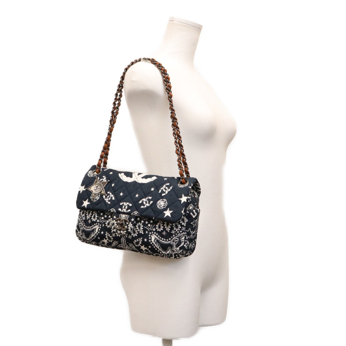 CHANEL シャネル 19番 A92459 Dネイビー コットン パリダラス スター Sフラップ マトラッセ チェーンショルダーバッグ ショルダーバッグ