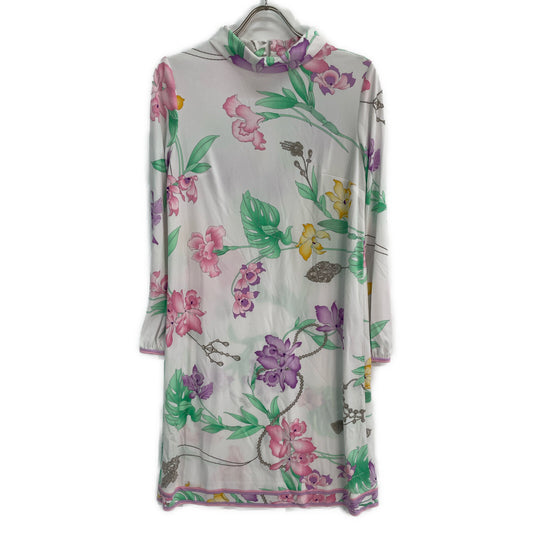 LEONARD 0190201 White Cankan Material Floral High-Neck Dress 38 Ladies'