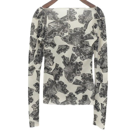 美品 Lace Print Mesh Tops トップス レディース グレー ブラック 36 24SS トップス 36 レディース