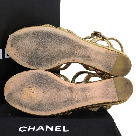 CHANEL 香奈儿 金属双C标志 编织坡跟凉鞋 草编鞋 女款 金色 36C G28947 鞋履