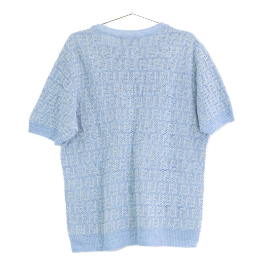 FENDI 2022 FZY443 AO5J Light Blue Linen x Cotton x Silk FF Monogram Short Sleeve Knit Pullover Top
