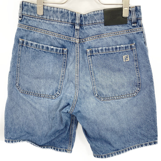 FENDI 24SS FLP358 AS02 Blue Cotton FF Metal Plate Zip Fly Denim Shorts