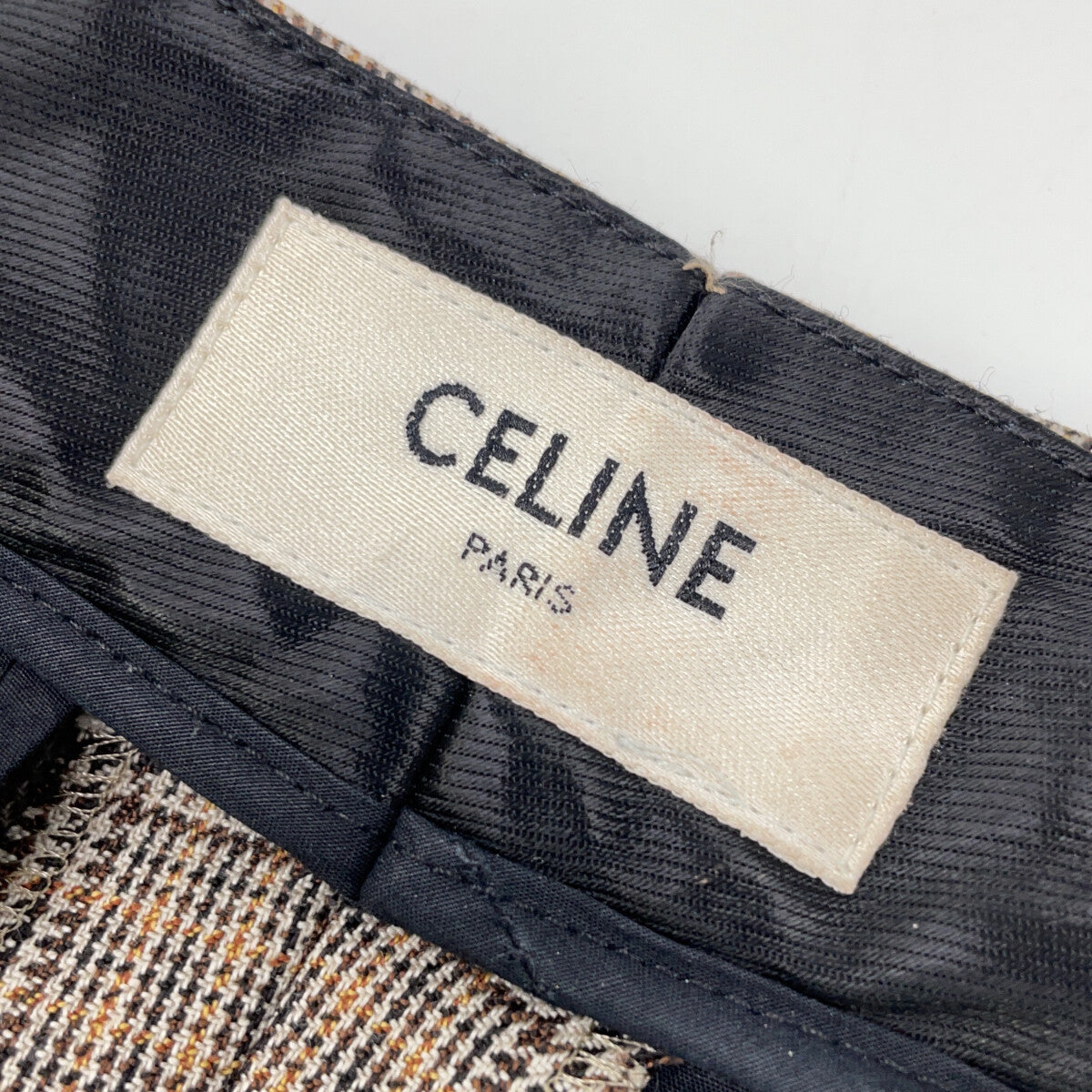 CELINE セリーヌ 2P240915H ベージュ グレンチェック ウール タックテーパードパンツ ボトムス 36