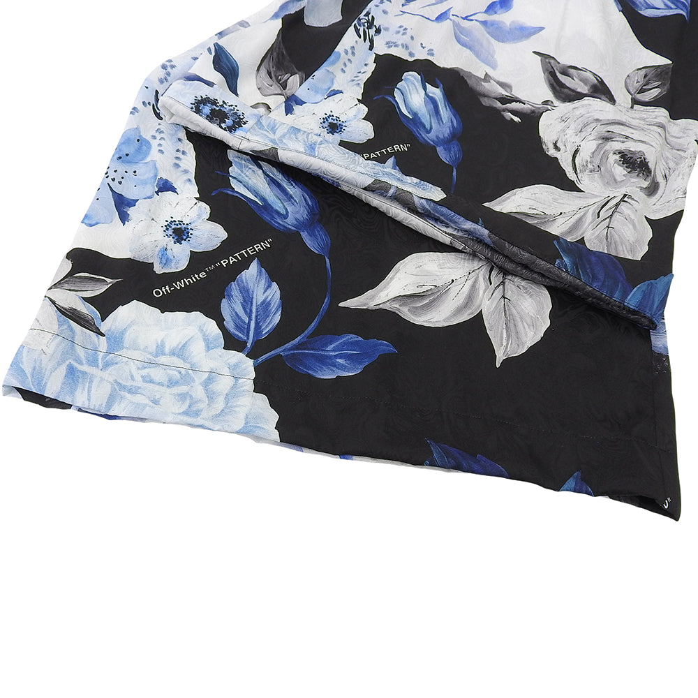 OFF-WHITE オフホワイト 美品 シルク100% フローラル ハイウエスト ワイドパンツ ボトムス レディース ブルー×ブラック×ホワイト 38 ボトムス 38