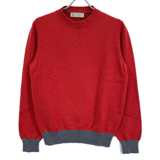 レッド×グレー カシミヤ100 クルーネック ロングスリーブニットプルオーバー トップス 44 メンズ