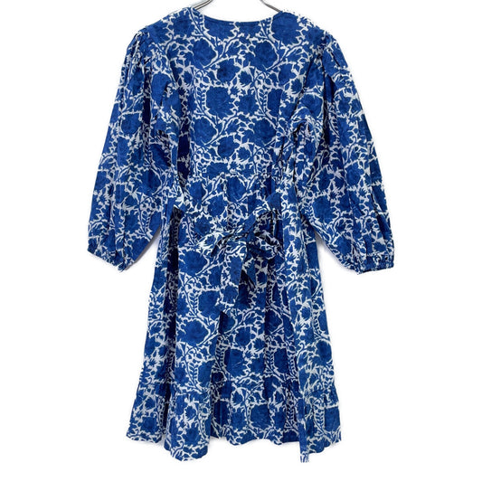 SZ Blockprints Blue Rose Design Puff-Sleeve Dress