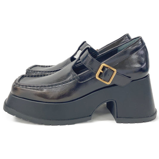 521143 Black Leather T-Strap Platform Shoes 40 Women's