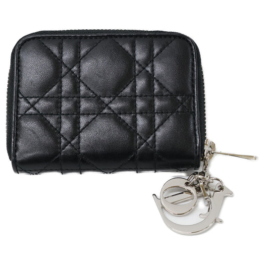 DIOR ディオール 【美品】レディディオール ラムスキン カナージュ ラウンドファスナー カードケース