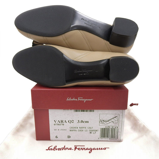 Salvatore Ferragamo サルヴァトーレフェラガモ 新品同様 ナッパカーフ ヴァラリボン ステッチデザイン チャンキーヒールパンプス 0750370 シューズ